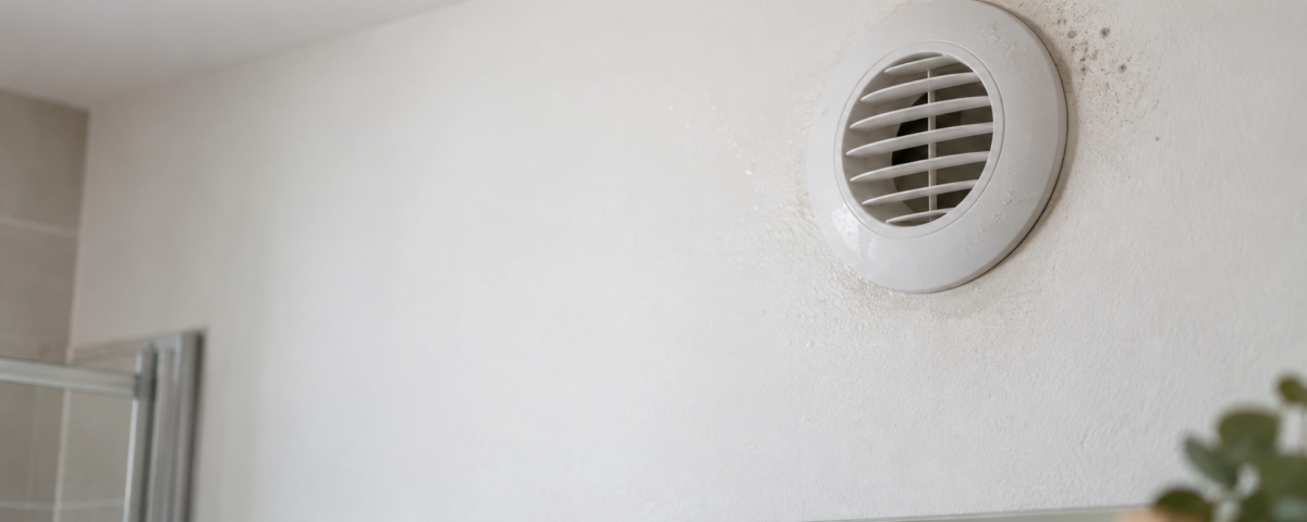 Bouche de VMC présentant des traces d’humidité dans la salle de bains d’un logement.