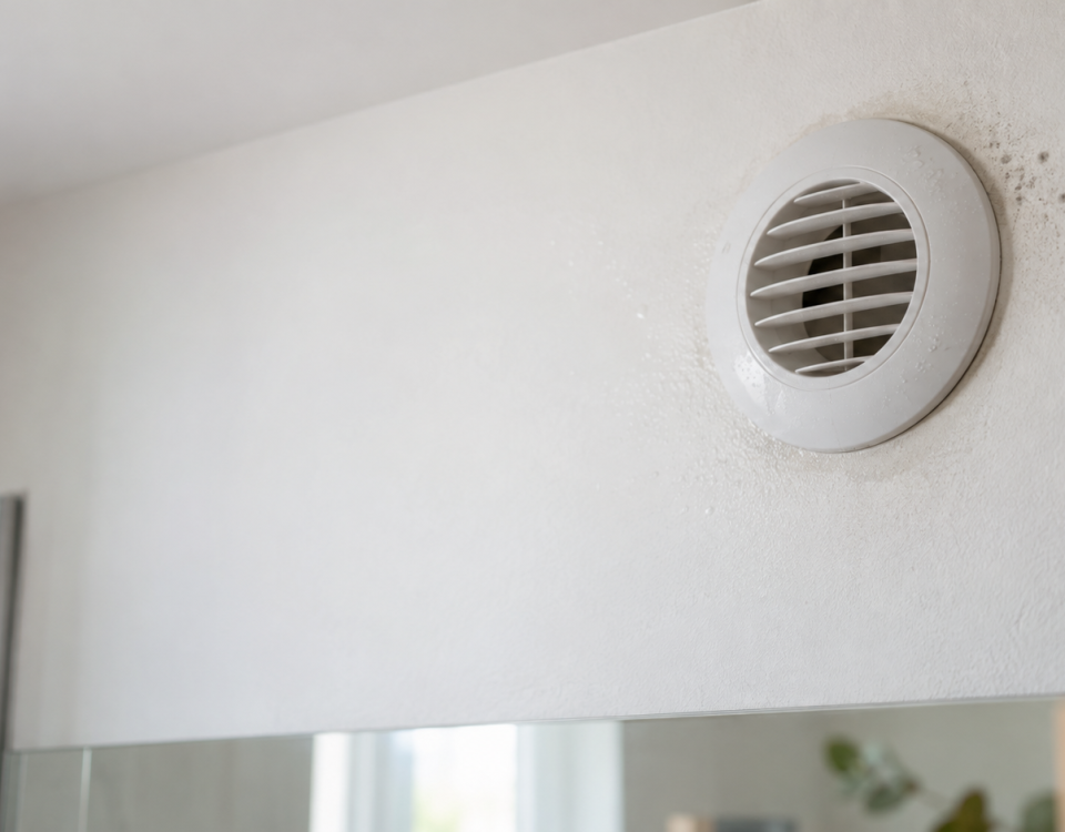 Bouche de VMC présentant des traces d’humidité dans la salle de bains d’un logement.