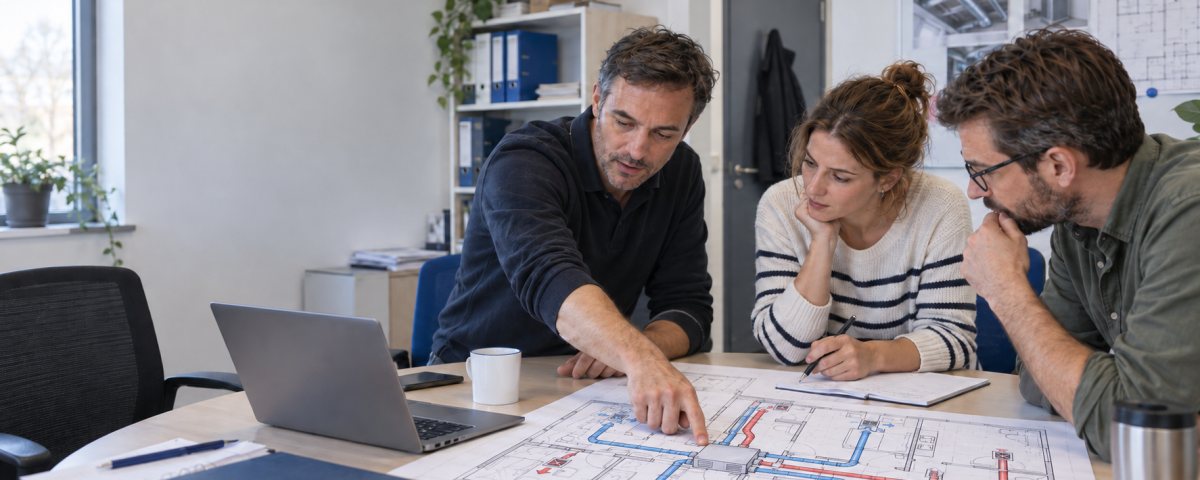 Équipe projet étudiant une solution de ventilation dans le cadre d’un appel d’offres.