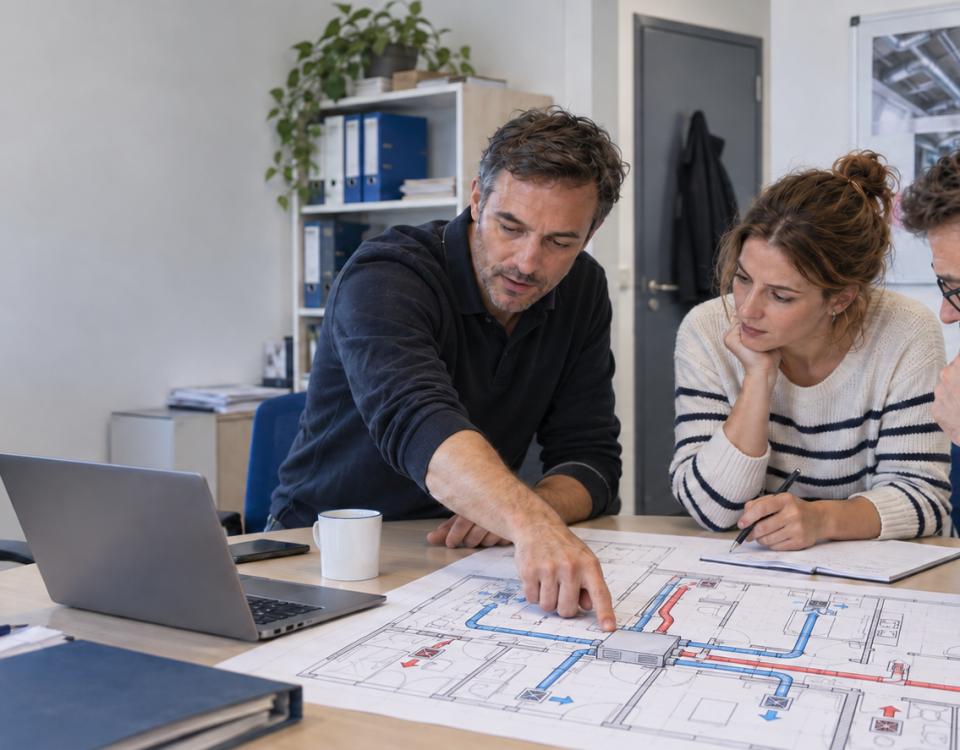 Équipe projet étudiant une solution de ventilation dans le cadre d’un appel d’offres.