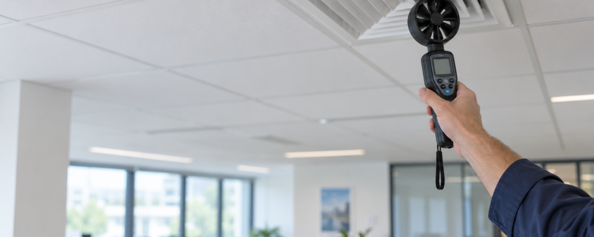 Contrôle du débit d’une bouche de ventilation avec un anémomètre dans des bureaux.