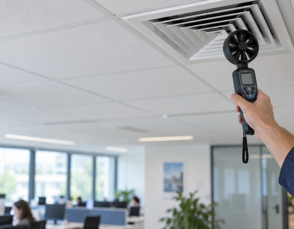 Contrôle du débit d’une bouche de ventilation avec un anémomètre dans des bureaux.