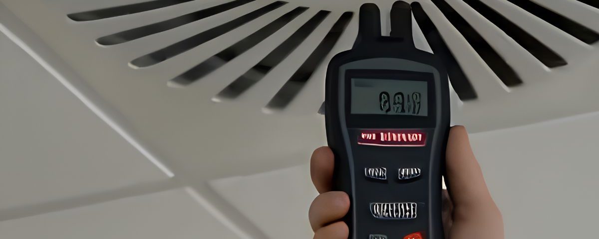 Un point de vigilance avant de publier : l’image a tout l’air d’être générée par IA. L’écran et les touches de l’appareil affichent des caractères illisibles, et l’appareil ne ressemble à aucun anémomètre ou débitmètre réel. Un professionnel du bâtiment risque de le repérer, ce qui peut entamer la crédibilité de l’article. La grille est par ailleurs un diffuseur de plafond, plus courant dans les bureaux que dans les logements.