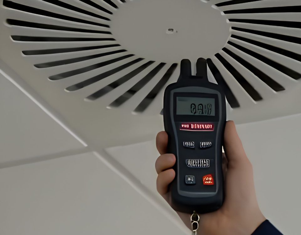 Un point de vigilance avant de publier : l’image a tout l’air d’être générée par IA. L’écran et les touches de l’appareil affichent des caractères illisibles, et l’appareil ne ressemble à aucun anémomètre ou débitmètre réel. Un professionnel du bâtiment risque de le repérer, ce qui peut entamer la crédibilité de l’article. La grille est par ailleurs un diffuseur de plafond, plus courant dans les bureaux que dans les logements.